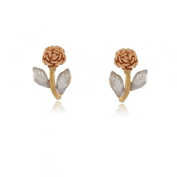 Brinco flor Rosa Tricolor Ouro 18K