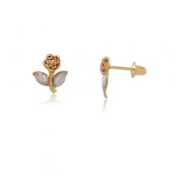 Brinco Flor Rosa Tricolor Ouro 18K P