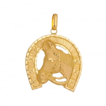 Pingente Ouro 18k Ferradura com Cavalo 